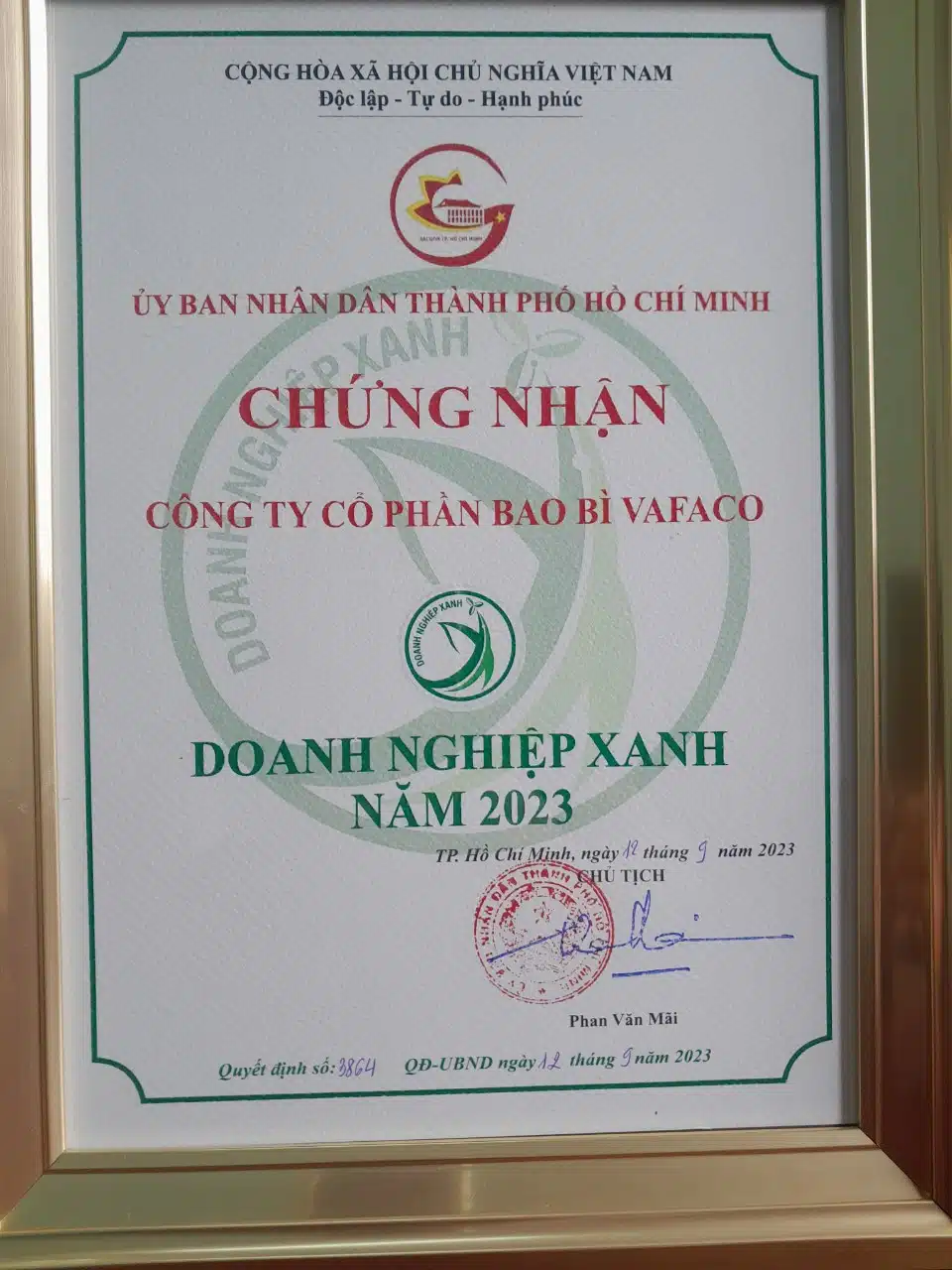 VAFACO VINH DỰ ĐƯỢC HIỆP HỘI DOANH NGHIỆP (HUBA) TRAO DANH HIỆU “DOANH NGHIỆP XANH TP.HCM” LẦN THỨ 1