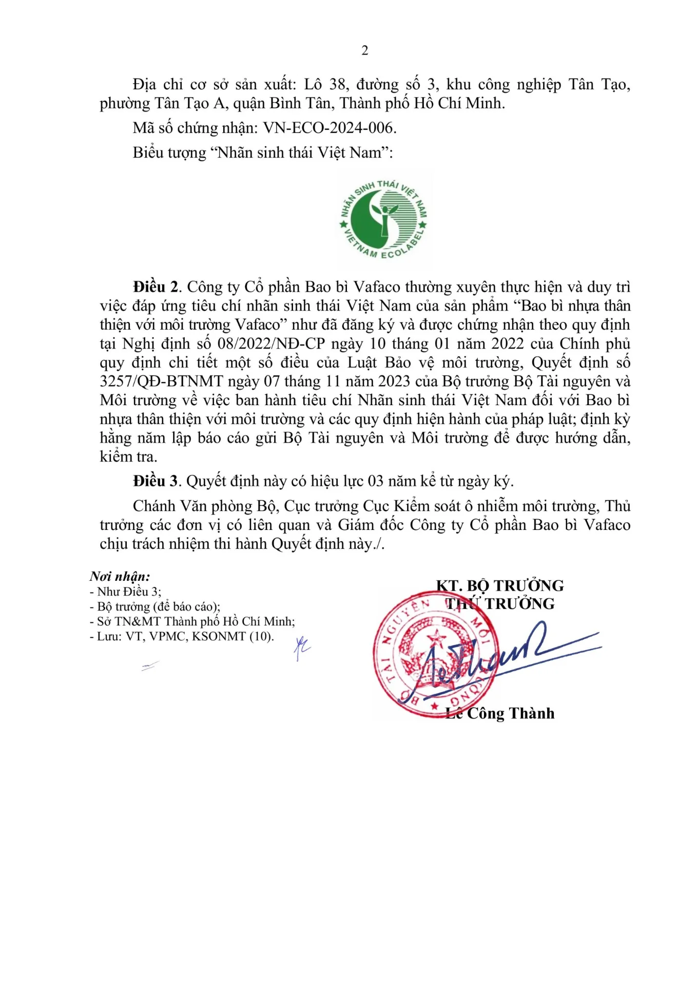 Giấy chứng nhận Bao bì thân thiện với môi trường